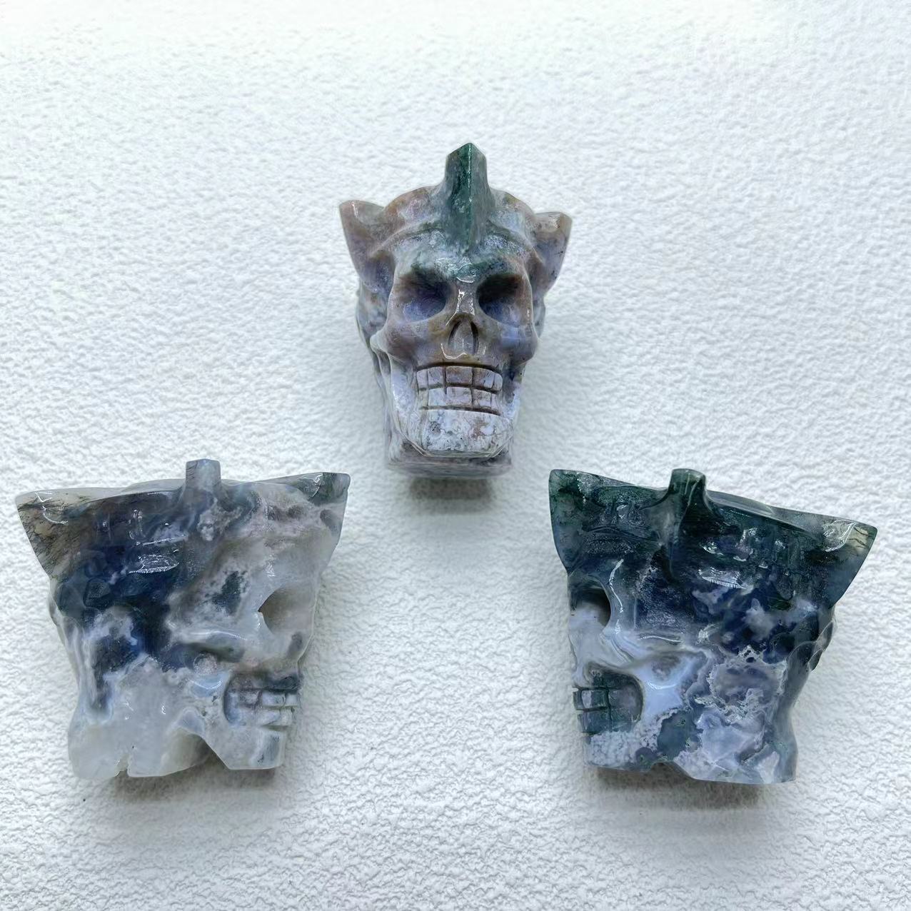 King Skull Moss Agate Carving,Set of 1