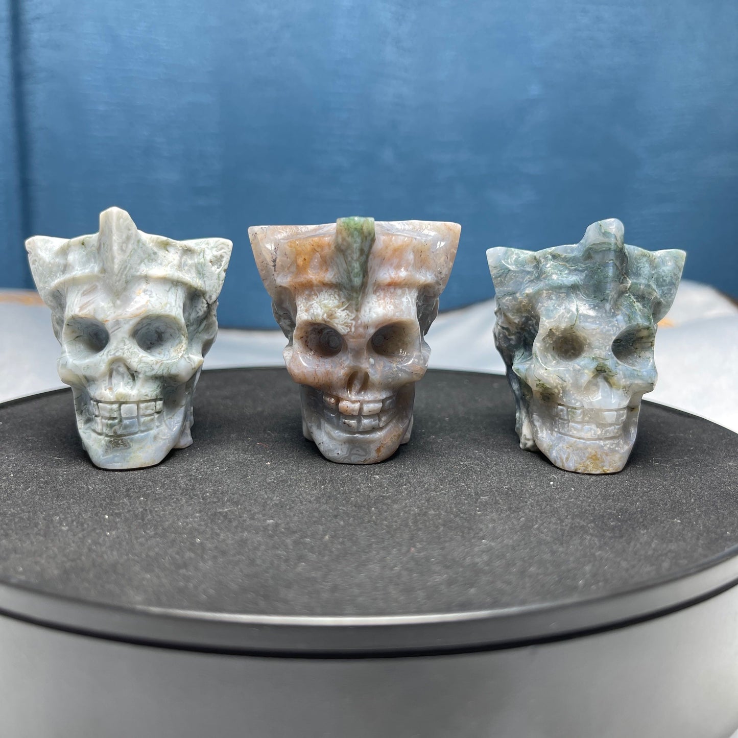 King Skull Moss Agate Carving,Set of 1