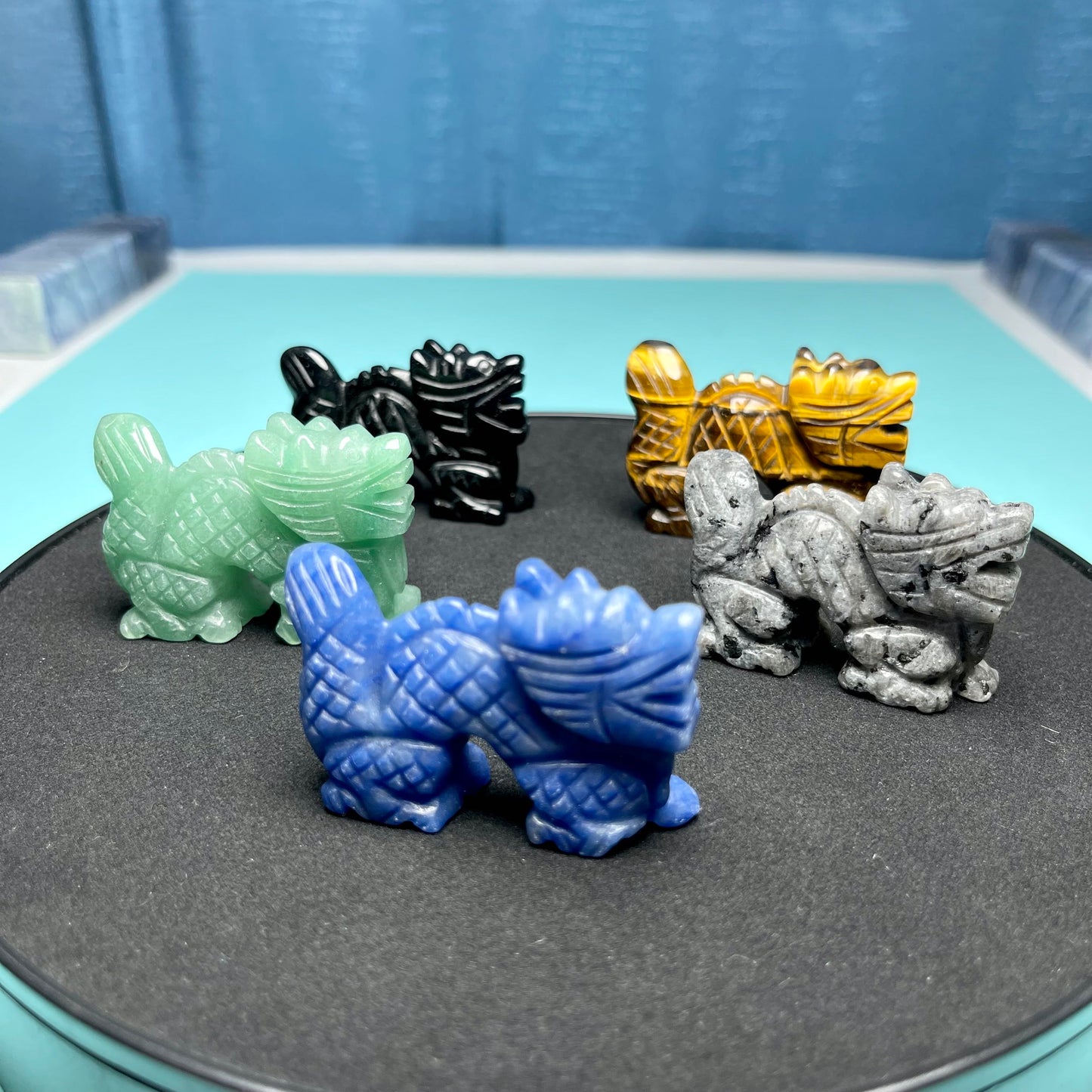 Chinese Dragon Carving,Blue Aventurine,Tiger Eye,Obsidian,Set of 2