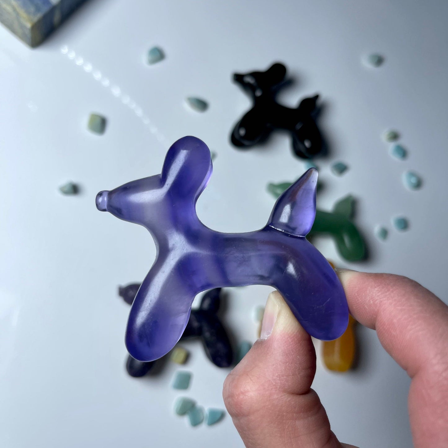 Balloon Dog Carving,Aventurine,Fluorite,Obsidian,Yellow Jade,Purple Mica,set of 1