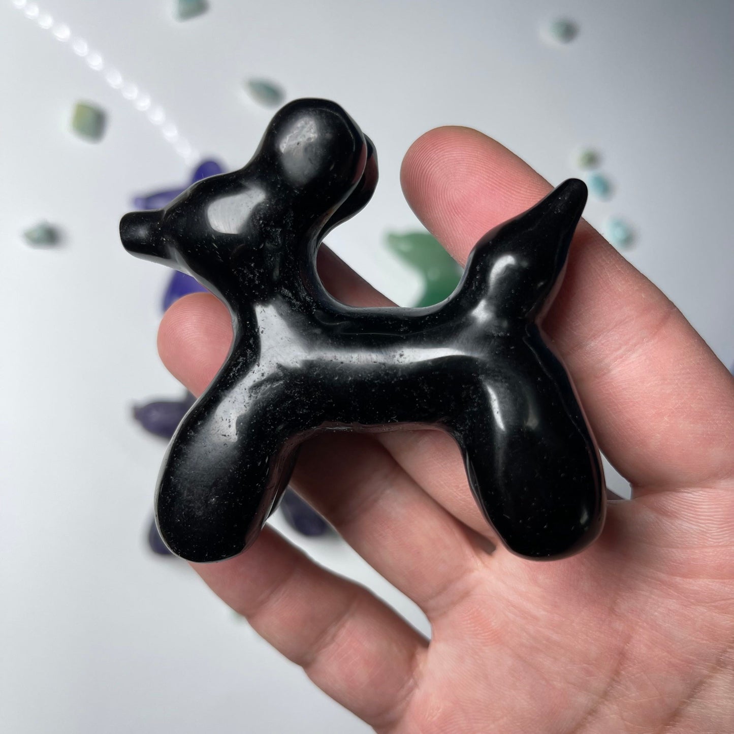 Balloon Dog Carving,Aventurine,Fluorite,Obsidian,Yellow Jade,Purple Mica,set of 1