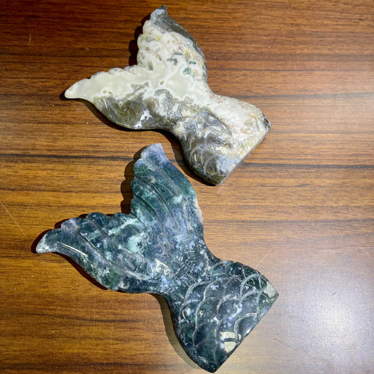 Moss Agate Carving Fish Tail ,set of 1