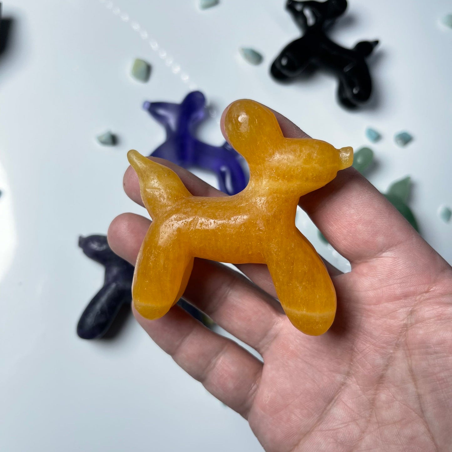 Balloon Dog Carving,Aventurine,Fluorite,Obsidian,Yellow Jade,Purple Mica,set of 1