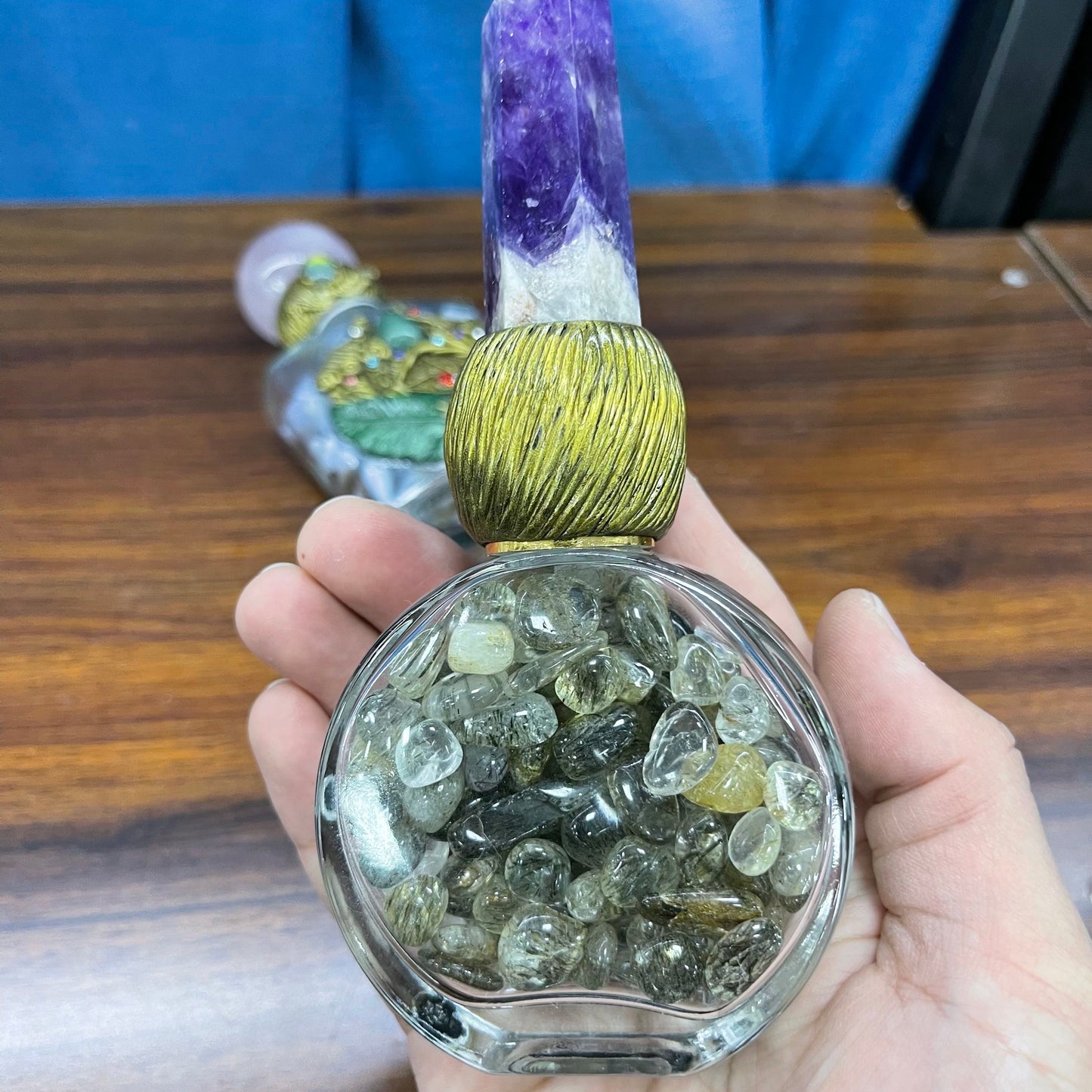Wishing Crystal Bottle and Wand ,Obsidian,Rose Quartz etc, Set of 1