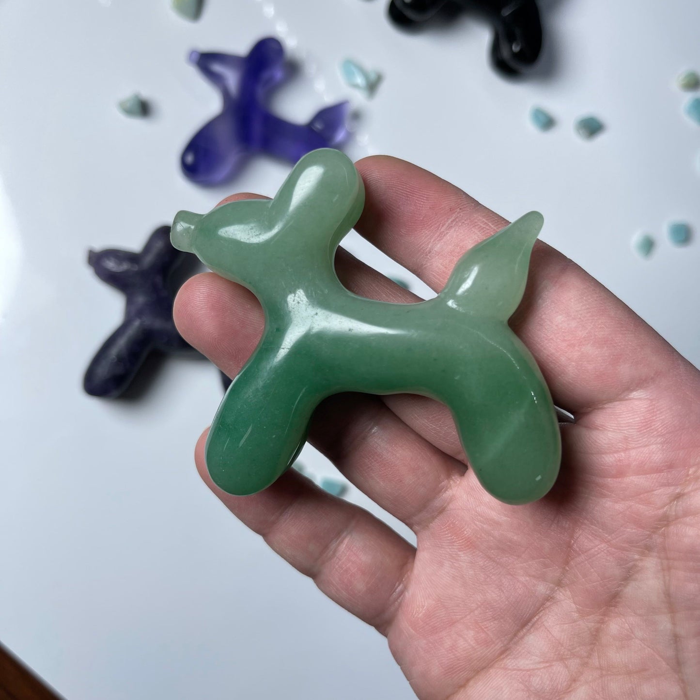 Balloon Dog Carving,Aventurine,Fluorite,Obsidian,Yellow Jade,Purple Mica,set of 1