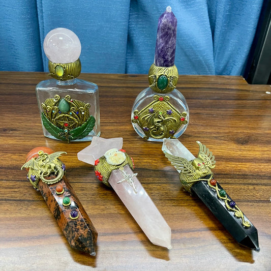 Wishing Crystal Bottle and Wand ,Obsidian,Rose Quartz etc, Set of 1