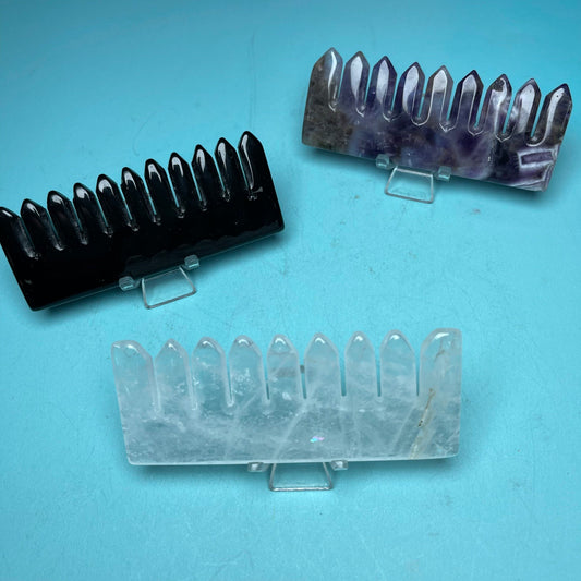 Comb Carving,Obsidian,Dream Amethyst,Clear Quartz,Set of 1