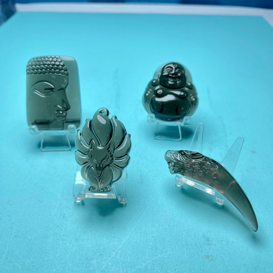 Ice Obsidian Carving,Set of 1,Side Face Buddha,Nine Tail Fox, Smiling Buddha,Tiger